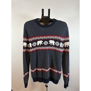 Aspen Mens Large Polar Bear Snow Fair Isle Blue Long Sleeve Sweater Cotton Crew